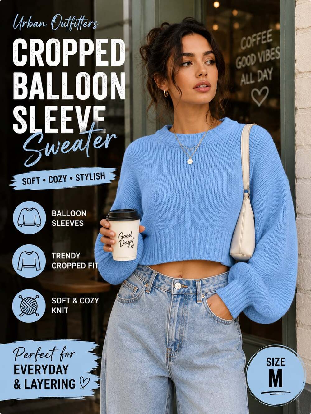 Urban Outfitters Blue Cropped Balloon Sleeve Knit Sweater Women’s Size M